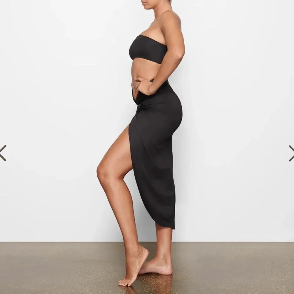 NWOT SKIMS Signature Swim Sarong Maxi Front Slit Skirt In Onyx Black Coverup
